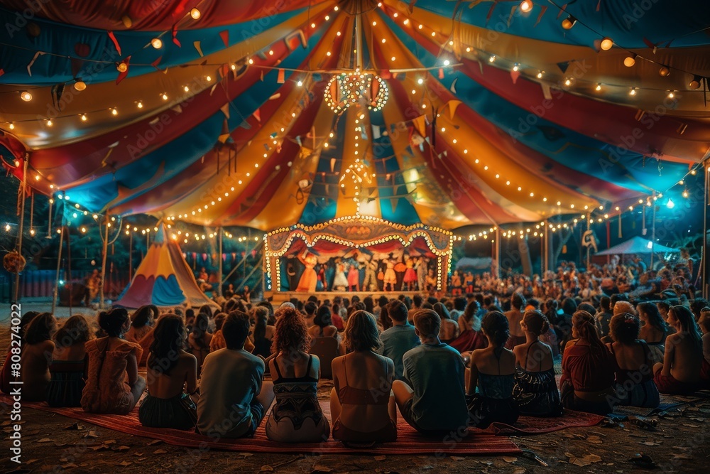 Poster a vibrant internal view of a circus tent with an engrossed audience enjoying the live performance on
