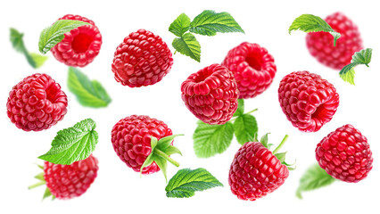 Flying juicy ripe raspberries with leaves isolated on a white background.