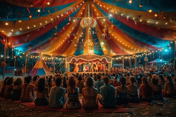 A vibrant internal view of a circus tent with an engrossed audience enjoying the live performance on stage