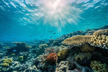 Fototapeta premium Underwater view, Blue ocean coral reef , Ai generated