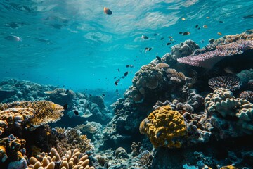 Obraz premium Underwater view, Blue ocean coral reef , Ai generated