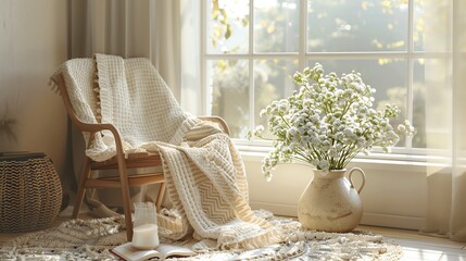 Moms Relaxation Corner A cozy reading nook with a chair, a blanket, a book, and a vase of flowers, prepared for a mothers relaxing time alone