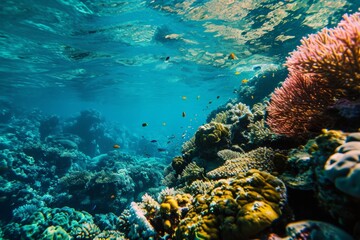 Fototapeta na wymiar Underwater view, Blue ocean coral reef , Ai generated