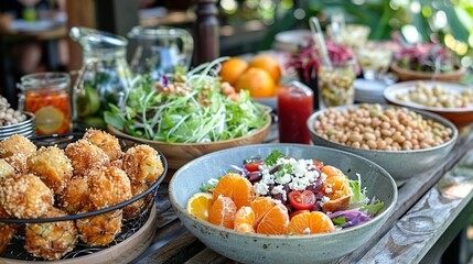  A table topped with bowls of food, including a salad