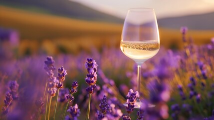 glass of fine wine and lavender field