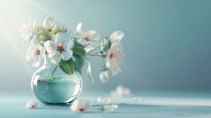 A beautiful apple flower with stem in glass vase with water on light gray background