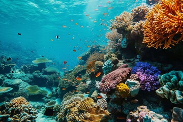 Obraz premium Underwater view, Blue ocean coral reef , Ai generated