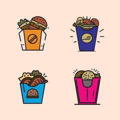 A set of four cartoon images of food in containers, including a hamburger