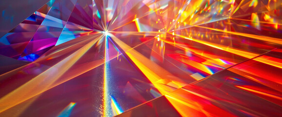 Splintering rays of light refract through a prism, casting a mesmerizing array of vibrant colors that dance and play across the frame with an otherworldly allure.