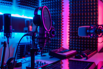 Neon lit podcast or radio studio with microphones and soundproofing, copy space, landscape format