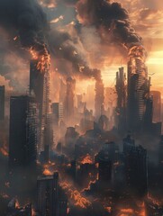 a destroyed city with tall buildings, smoke and fire coming from building