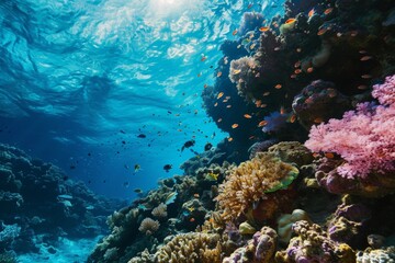 Underwater view, Blue ocean coral reef , Ai generated