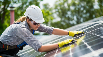 Technician with helmet mounting photovoltaic solar panels on the roof of a block of a residential block of apartments. Install solar panels on roof of a house. Renewable and eco energy concept. Image 