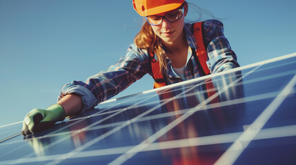 Technician with helmet mounting photovoltaic solar panels on the roof of a block of a residential block of apartments. Install solar panels on roof of a house. Renewable and eco energy concept. Image 