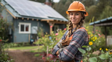 Technician with helmet mounting photovoltaic solar panels on the roof of a block of a residential block of apartments. Install solar panels on roof of a house. Renewable and eco energy concept. Image 