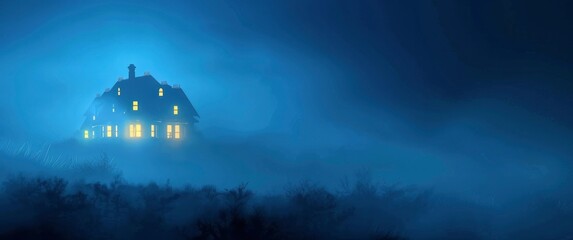 A foggy night scene with the silhouette of an old house illuminated by yellow lights