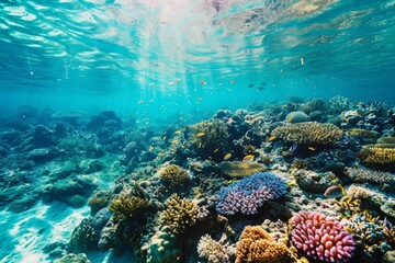 Naklejka na ściany i meble Underwater view, Blue ocean coral reef , Ai generated