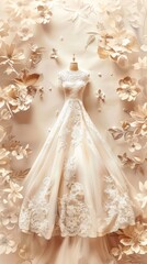 Wedding dress on mannequin surrounded by flowers