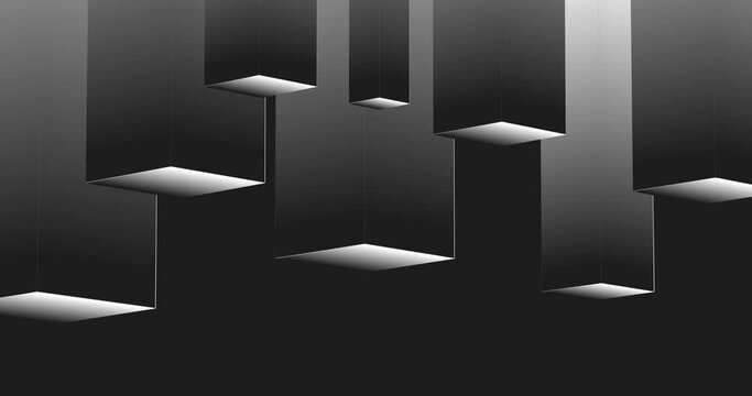 Gradient black and white color 3d Isometric cubes and rectangles moving up and down over dark color background. Abstract seamless looped flat animated kinetic motion graphics background.