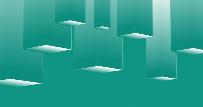 Gradient color 3d Isometric cubes and rectangles moving up and down over sky blue color background. Abstract seamless looped flat animated kinetic motion graphics background.