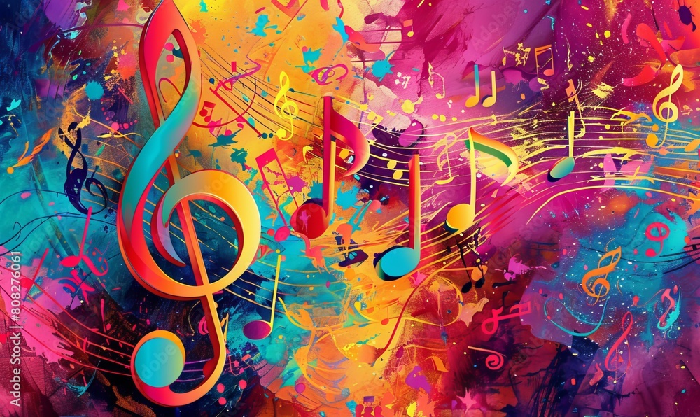 Wall mural a vibrant and captivating music promotional poster features a prominent g-clef and an array of color