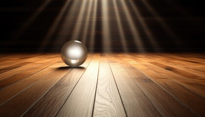 A glass sphere reflects light on a wooden floor. The light comes from a source behind the camera.