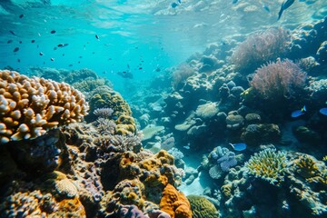 Naklejka na ściany i meble Underwater view, Blue ocean coral reef , Ai generated