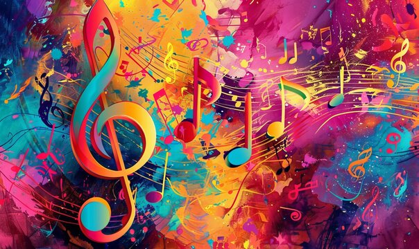 A vibrant and captivating music promotional poster features a prominent G-clef and an array of colorful music notes, set against an artistic abstract background with a music staff.
