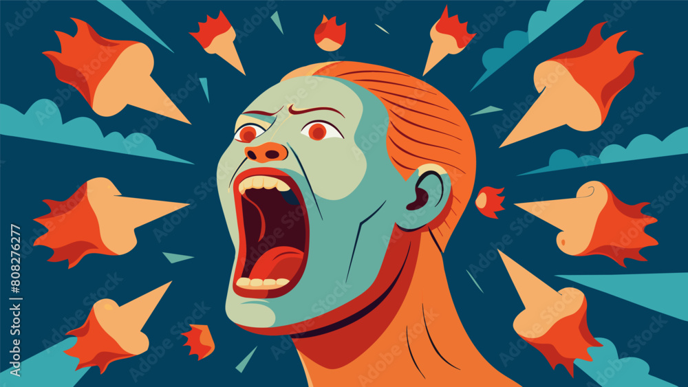 Aufkleber a sculpture of a head with multiple mouths surrounding it all shouting the same words representing t