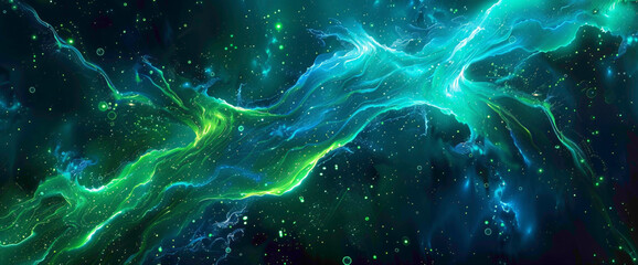 Streams of neon green and electric blue intertwining, reminiscent of the dazzling glow of bioluminescent creatures underwater.