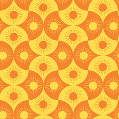 Orange and Yellow Abstract sun on Geometric Scallop shape seamless pattern. For home décor, wallpaper and fabric