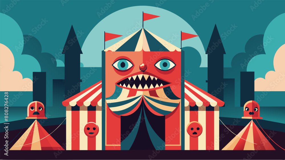 Poster a carnival funhouse with distorted mirrors and exaggerated obstacles representing the fears and worr