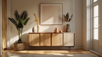 Modern side board with vase and plants, a blank frame on the wall, sun light coming from window