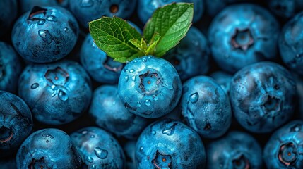   A detailed image of several blueberries with a green foliage positioned on one of them