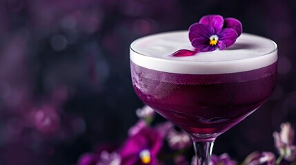 A purple cocktail with white foam in an elegant glass, garnish with purple flower against a dark background