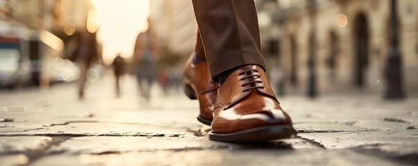 Close-up of businessman walking in stylish brown shoes in a shopping mall.
