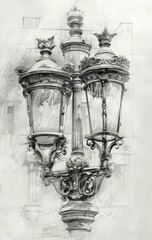 A sketch of an antique street lamp, drawn in pencil on paper background