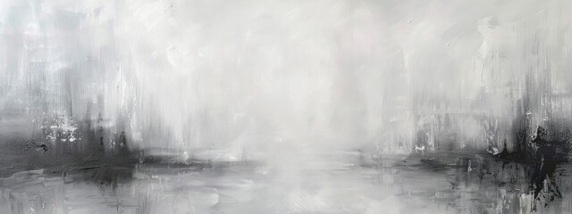 Abstract black and white painting, neutral tones, soft texture, foggy landscape with distant buildings, minimalist style, monochromatic palette, gentle brush stroke