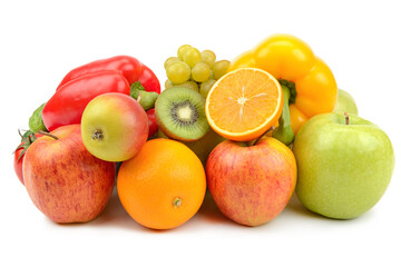 Fruits and vegetables in a wicker basket isolated on a white .