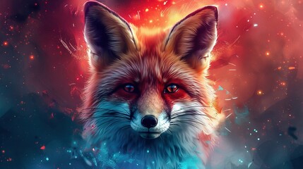 Obraz premium Red Fox Face Close-Up on Blue-Red Background with Red-Yellow Stars