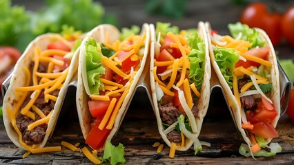 American soft shell beef tacos with lettuce tomato and cheese on wooden table. Concept American Cuisine, Soft Shell Tacos, Beef Recipes, Mexican-Inspired Dishes, Food Presentation