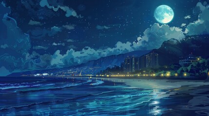 moonlight on the beach at night, glowing lights in seaside cities