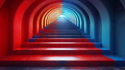 A long red and blue staircase with a bright light shining down on it