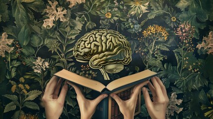 Human brain rising from an open book surrounded by botanical illustrations on a dark background.