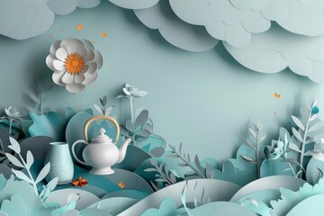 3D product display background for a new organic tea range, combining tradition and modern wellness, in paper cut styles, banner sharpen with copy space