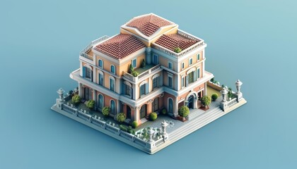 A beautiful isometric building, architecturally stunning, rendered as a 3D model isolated on a solid color background