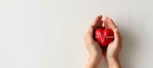 Human hands holding a red heart with a white ECG line, against a white background, symbolizing health and care.