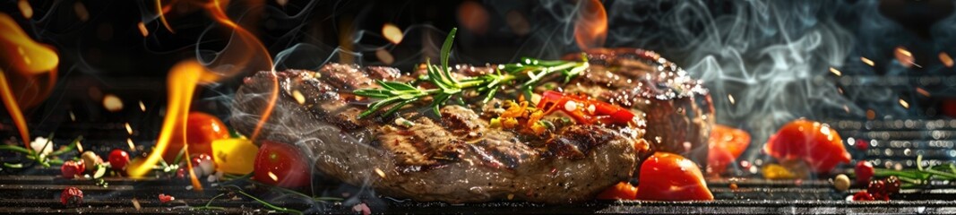 Sizzling Steak, Grill Marks, Fresh Herbs, Colorful Vegetables