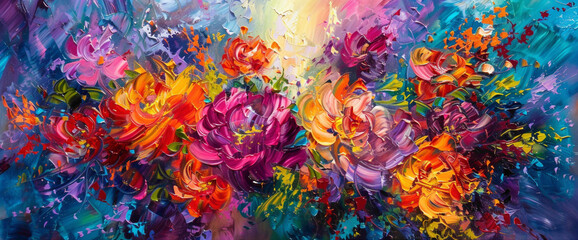 A kaleidoscope of hues burst forth, painting the canvas with a riot of colors, each shade vying for attention in a vibrant explosion of energy.