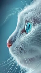 closeup of blue eyes of white cat on white blur background